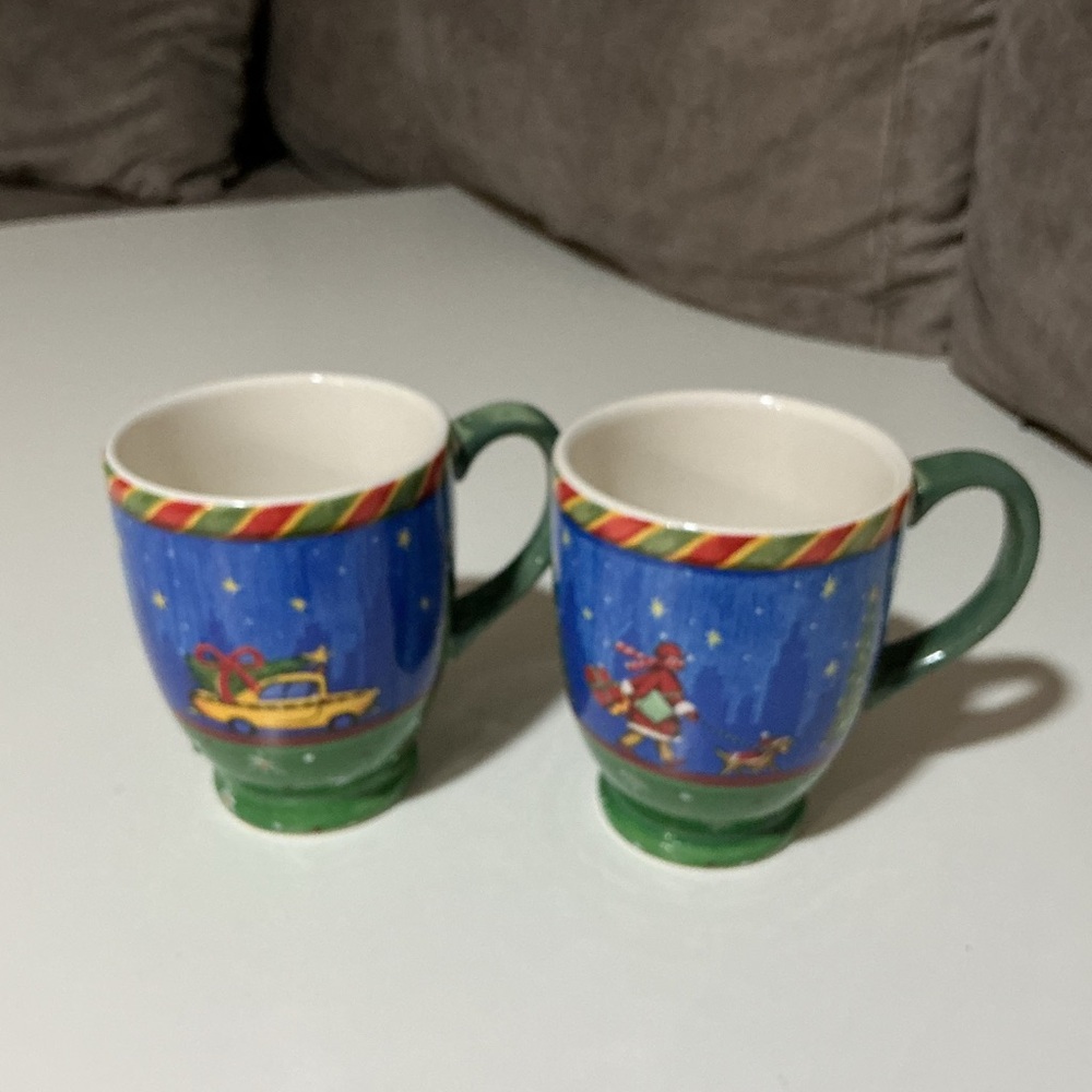 Sango 2 pc Christmas in the city Festive Blue and Green Mugs